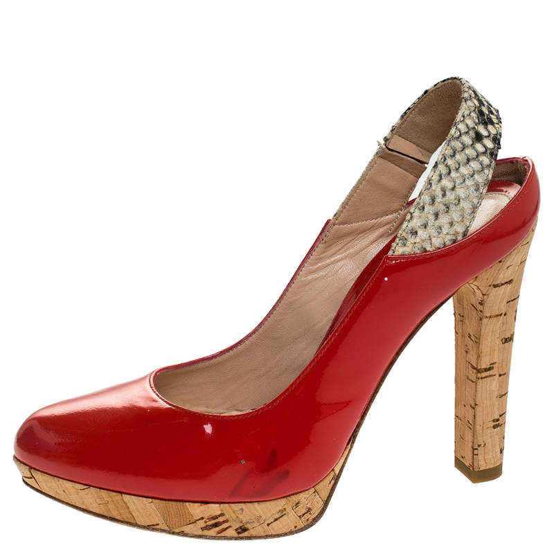 Pre Owned Fendi Orange Patent Leather Cork Platform Slingback Sandals Size 36.5