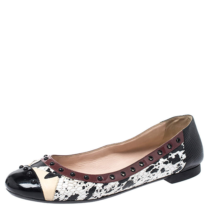 Pre Owned Fendi Multicolor Embossed Python And Lizard, Patent Leather Trim And Cap Toe Monster Ballet Flats Size 37