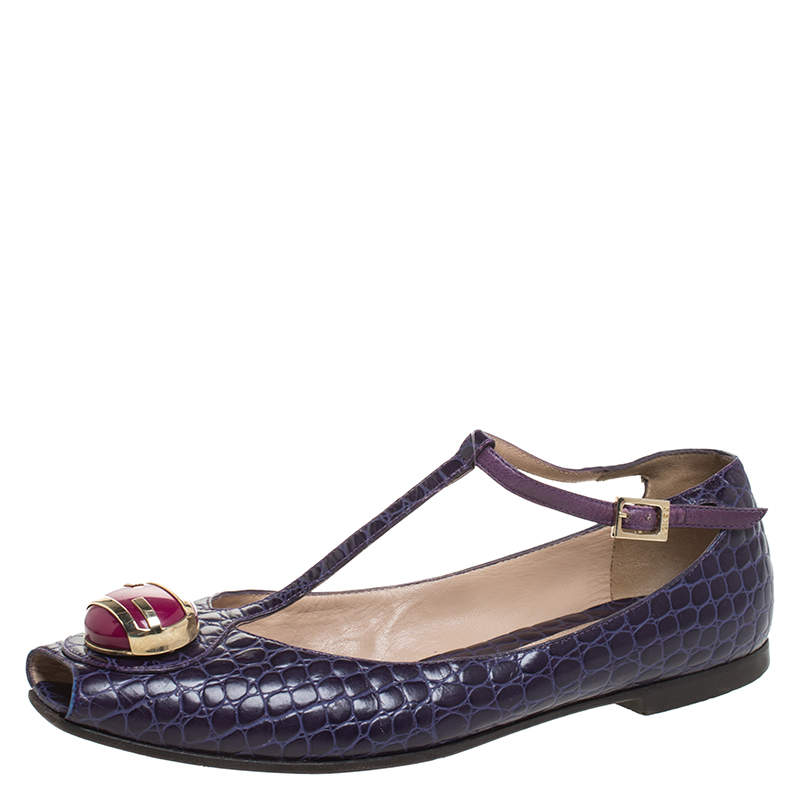 Pre Owned Fendi Purple Croc Embossed Leather Embellished T-Strap Flats Size 38