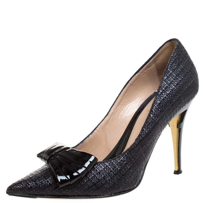 Pre Owned Fendi Black Raffia Bow Pointed Toe Pumps Size 40