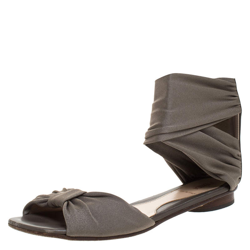 Fendi Grey Stretch Fabric Ankle Wrap Flat Sandals Size 36.5