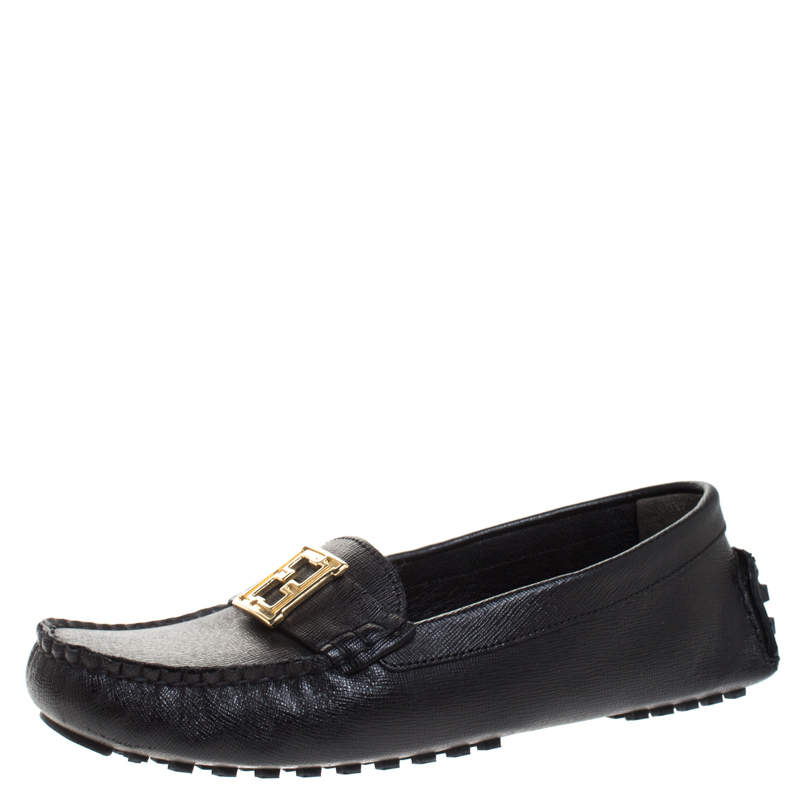 Pre Owned Fendi Black Saffiano Leather Logo Loafers Size 36