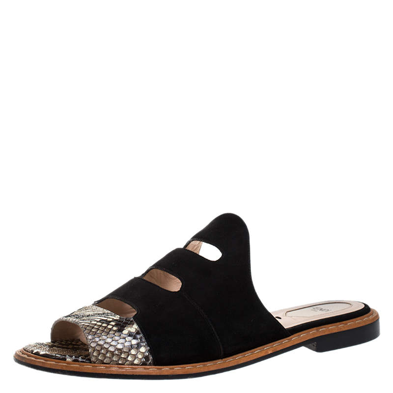 Pre Owned Fendi Black Suede And Python Cut Out Flat Slides Size 40