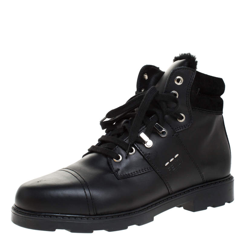 Fendi Black Leather And Fur Trim Lace Up Ankle Boots Size 39