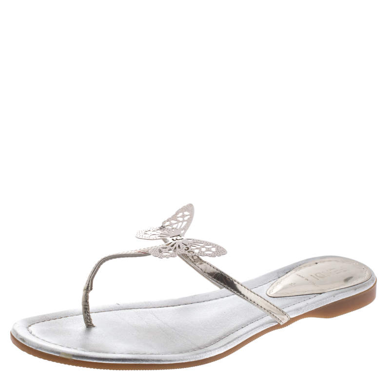 Pre Owned Fendi Metallic Silver Leather Butterfly Embellished Thong Sandals Size 38.5