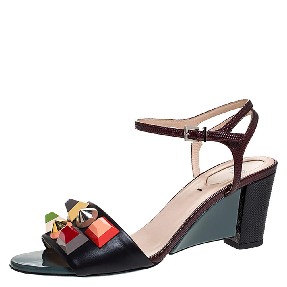 Pre Owned Fendi Multicolor Lizard Embossed And Leather Fantasia Studded Ankle Strap Sandals Size 37.5