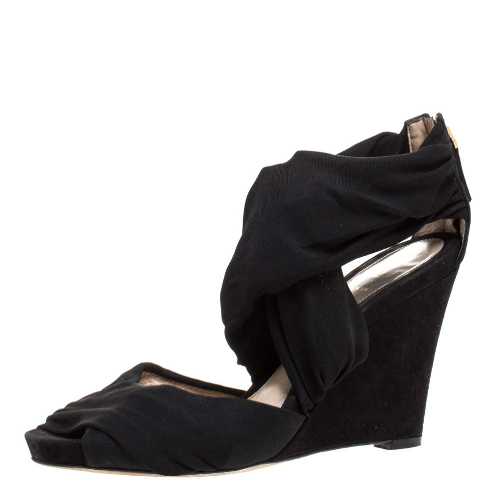 Pre Owned Fendi Black Stretch Fabric And Suede Cross Strap Sandals Size 40