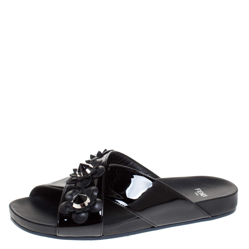 Fendi Black Patent Leather Flower Stud Embellished Flat Slides Size 38