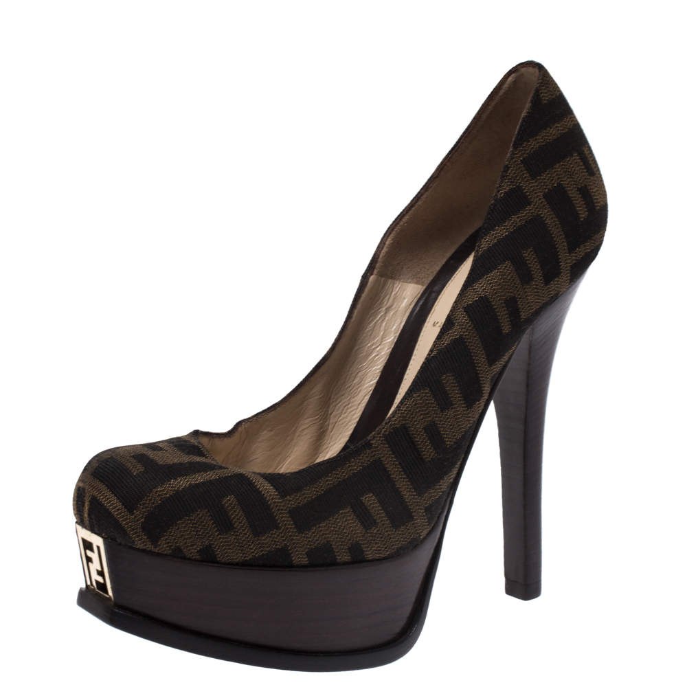 Pre Owned Fendi Tobacco Zucca Canvas Fendista Platform Pumps Size 36