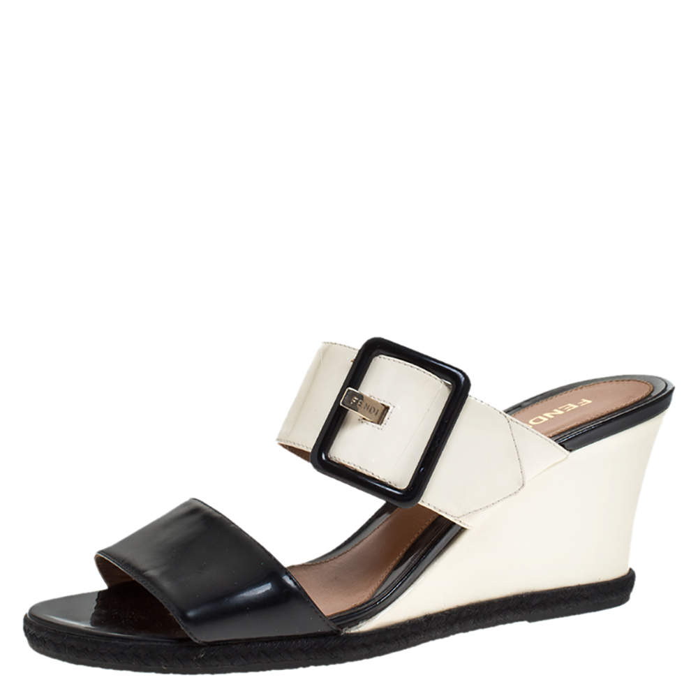 Pre Owned Fendi Black/White Patent Leather Demi Wedge Slides Size 40