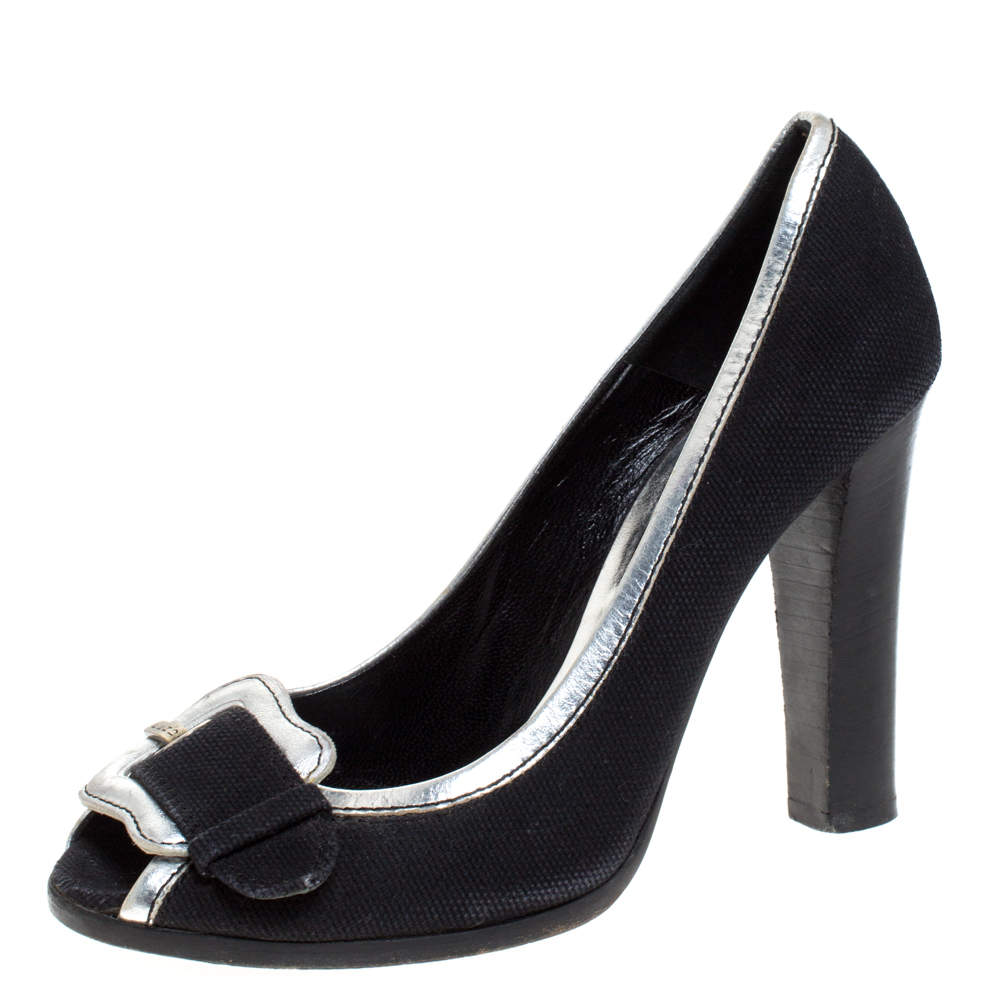 Pre Owned Fendi Black/Silver Canvas And Leather Trim B Buckle Peep Toe Pumps Size 38