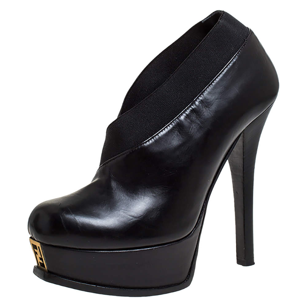 Pre Owned Fendi Black Leather Faux-wrap Fendista Platform Ankle Booties Size 37