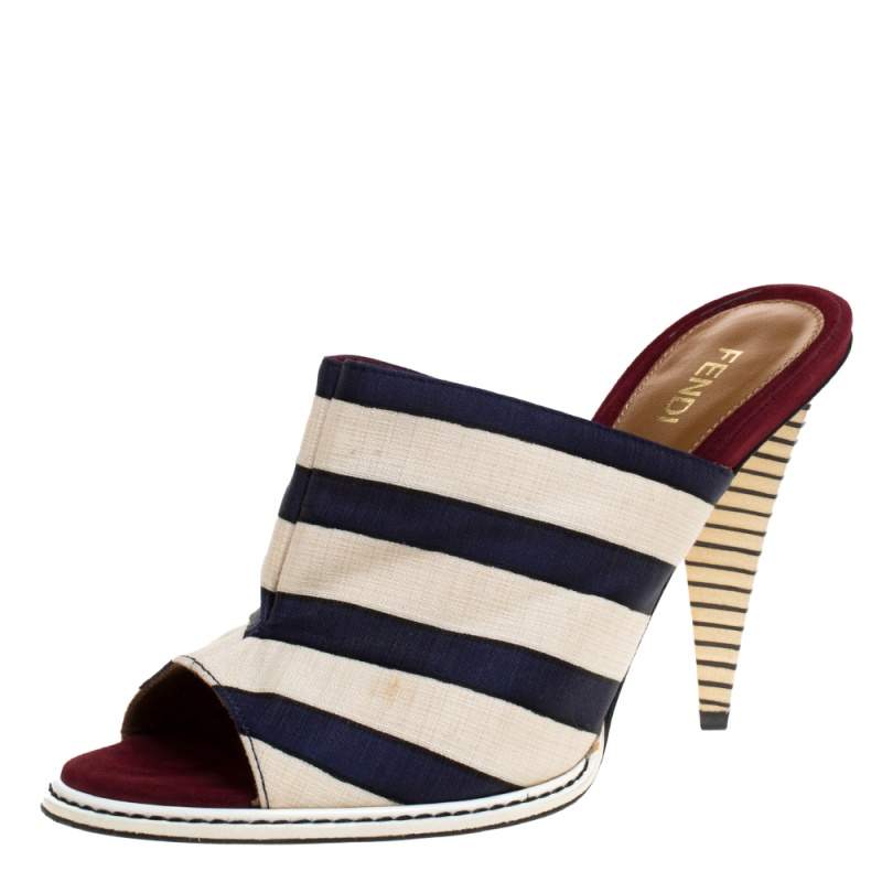 Fendi Tricolor Striped Canvas Slide Sandals Size 36