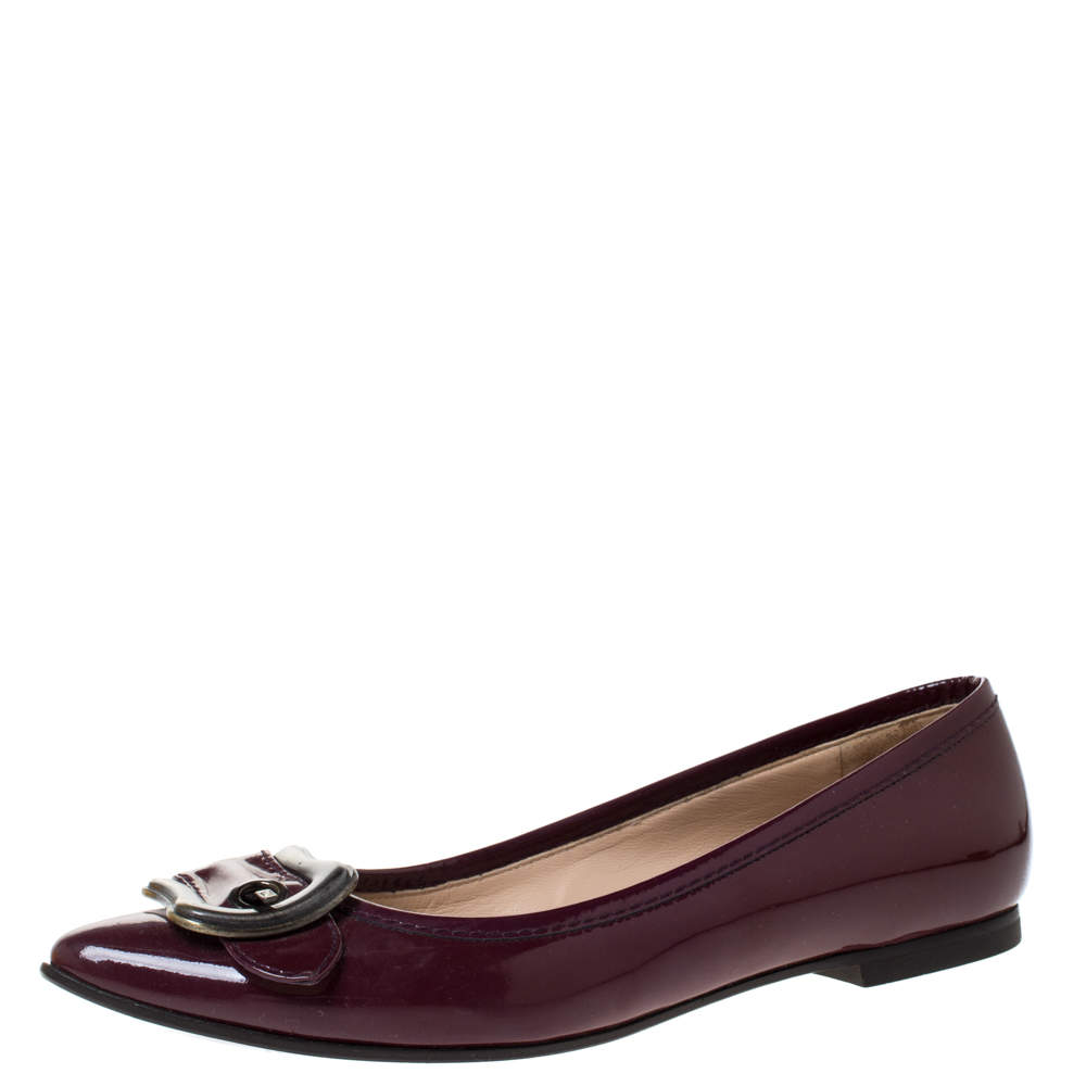Pre Owned Fendi Maroon Patent Leather Buckle Detail Pointed Toe Ballet Flats Size 39.5