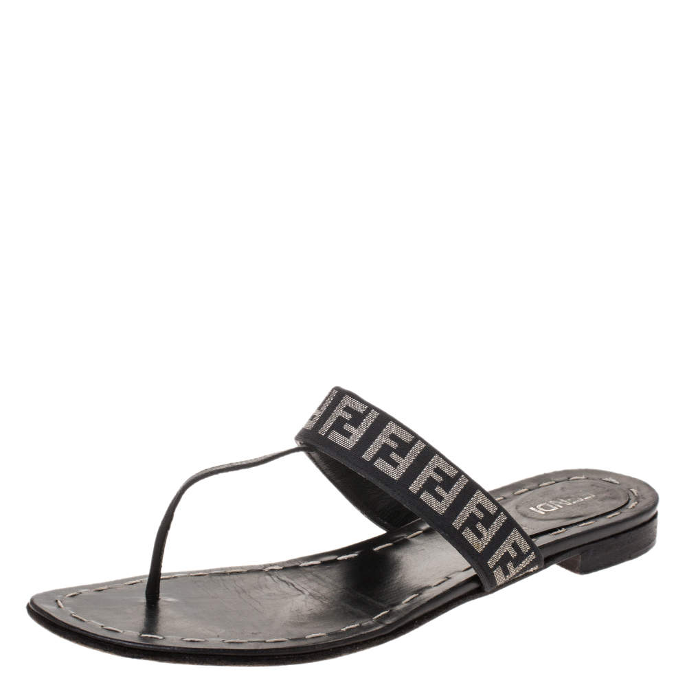 Fendi Black FF Canvas and Leather Flat Thong Sandals Size 37.5