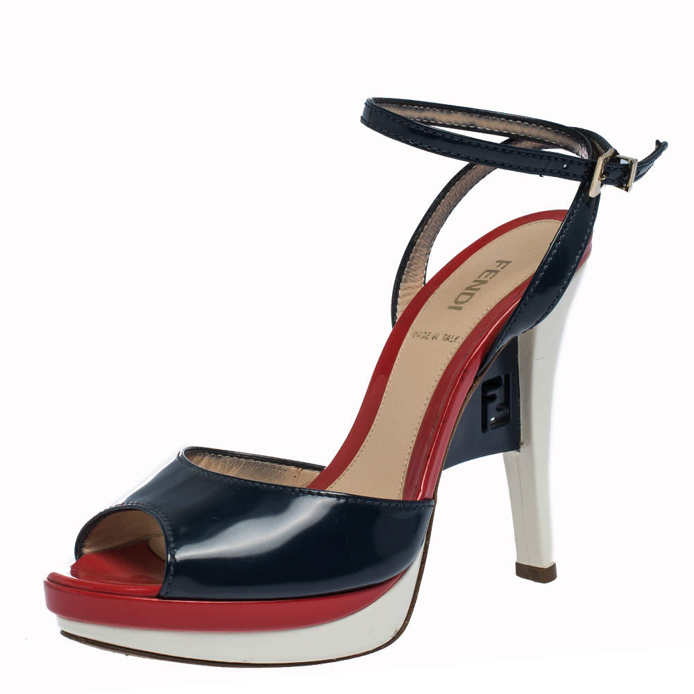Pre Owned Fendi Tricolor Patent Leather Slingback Platform Sandals Size 36