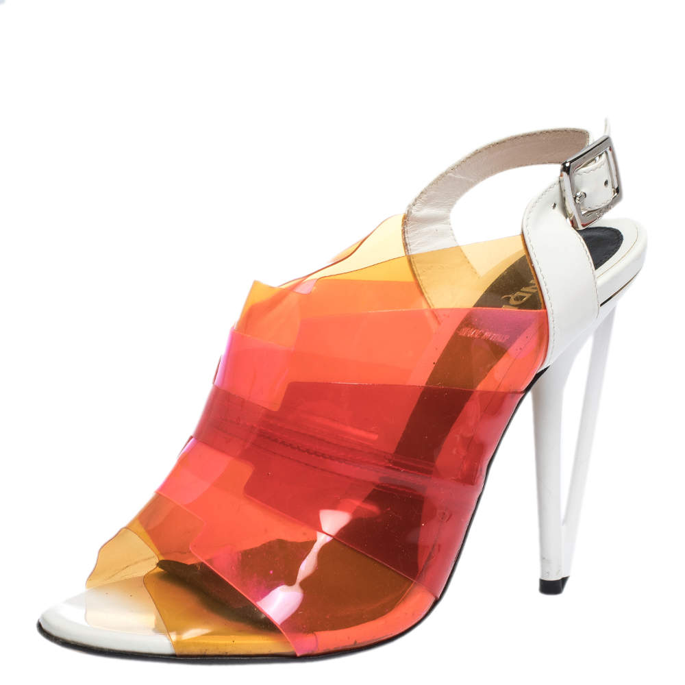 Pre Owned Fendi Multicolor PVC And White Patent Slingback Sandals Size 38
