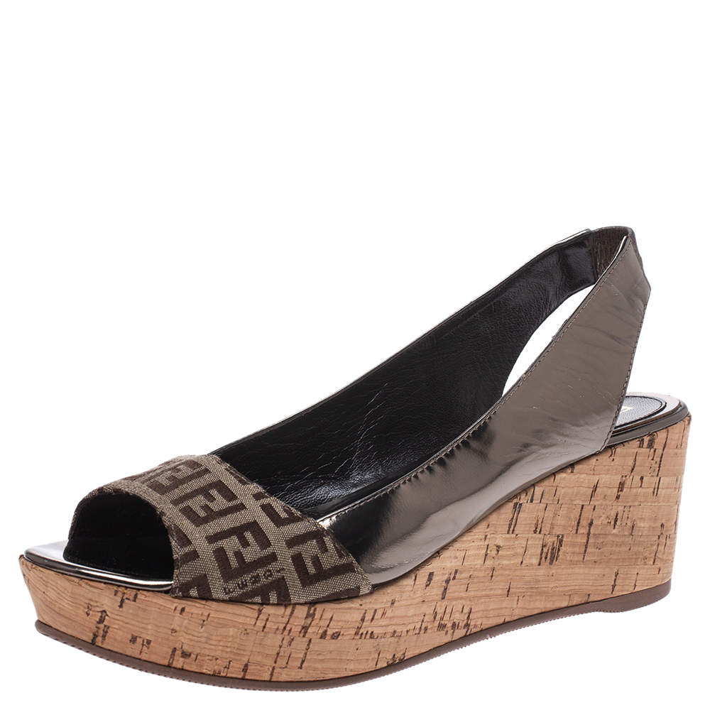 Pre Owned Fendi Brown FF Canvas And Metallic Bronze Leather Cork Wedge Platform Sandals Size 38