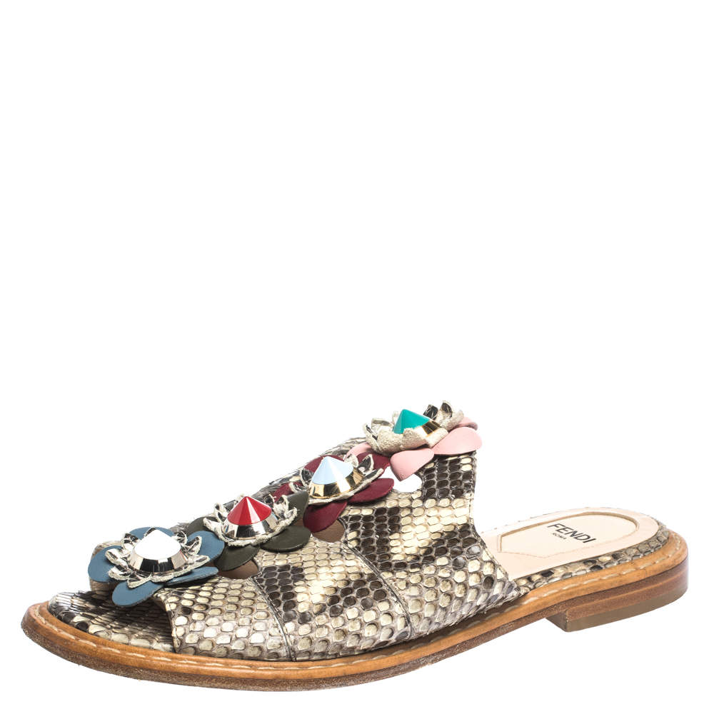 Pre Owned Fendi Beige/Brown Python Leather Flowerland Embellished Flat Slides Size 35