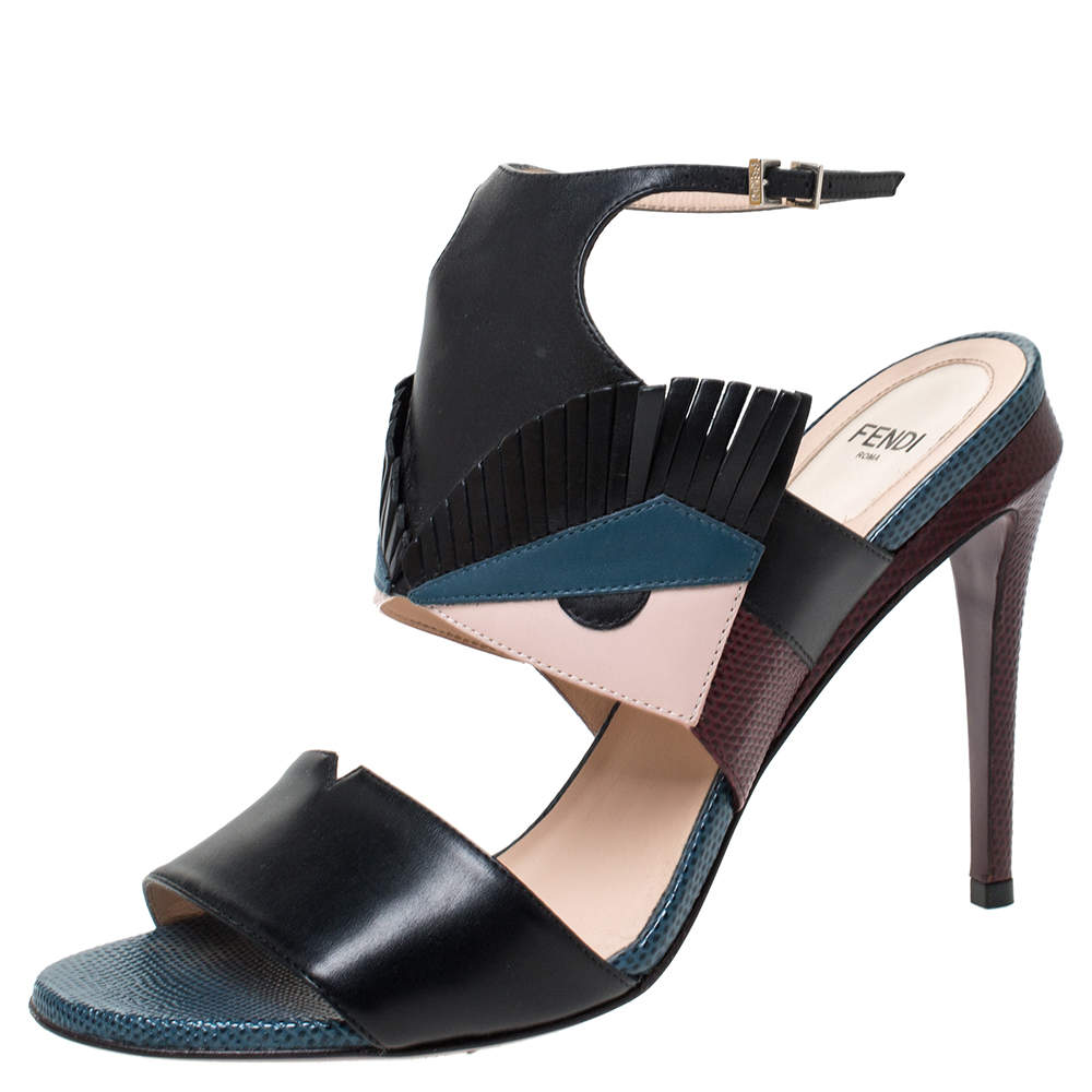 Fendi Multicolor Leather and Lizard Monster Bugs Ankle Strap Sandals Size 39