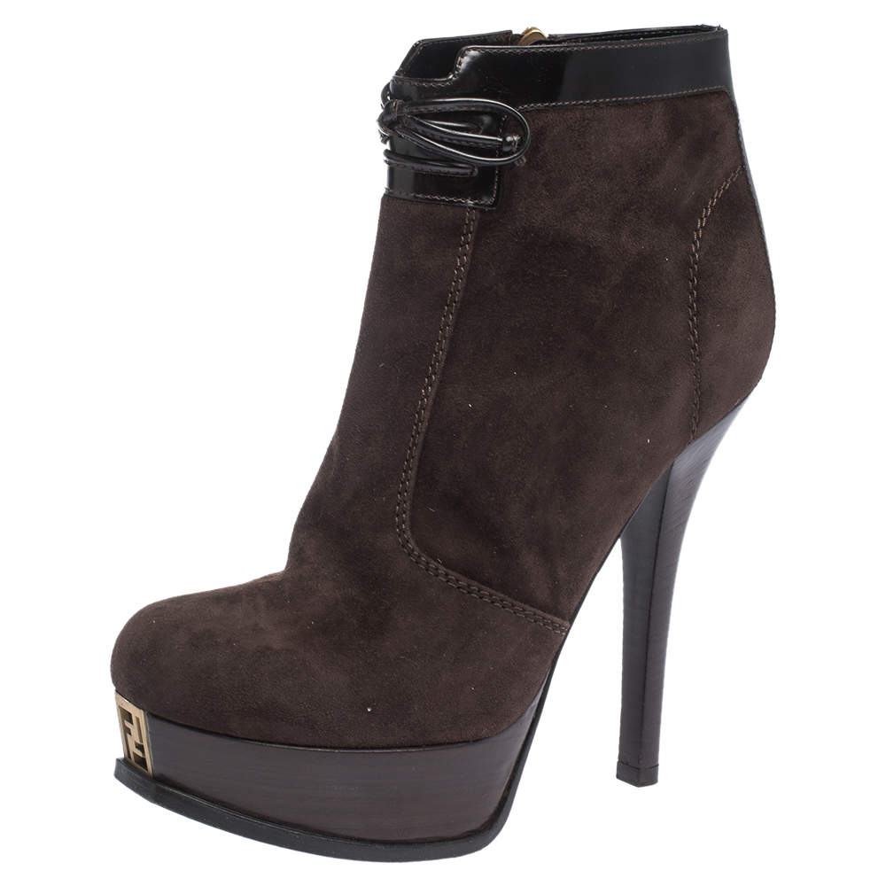 Pre Owned Fendi Brown Suede and Leather Fendista Platform Ankle Boots Size 39