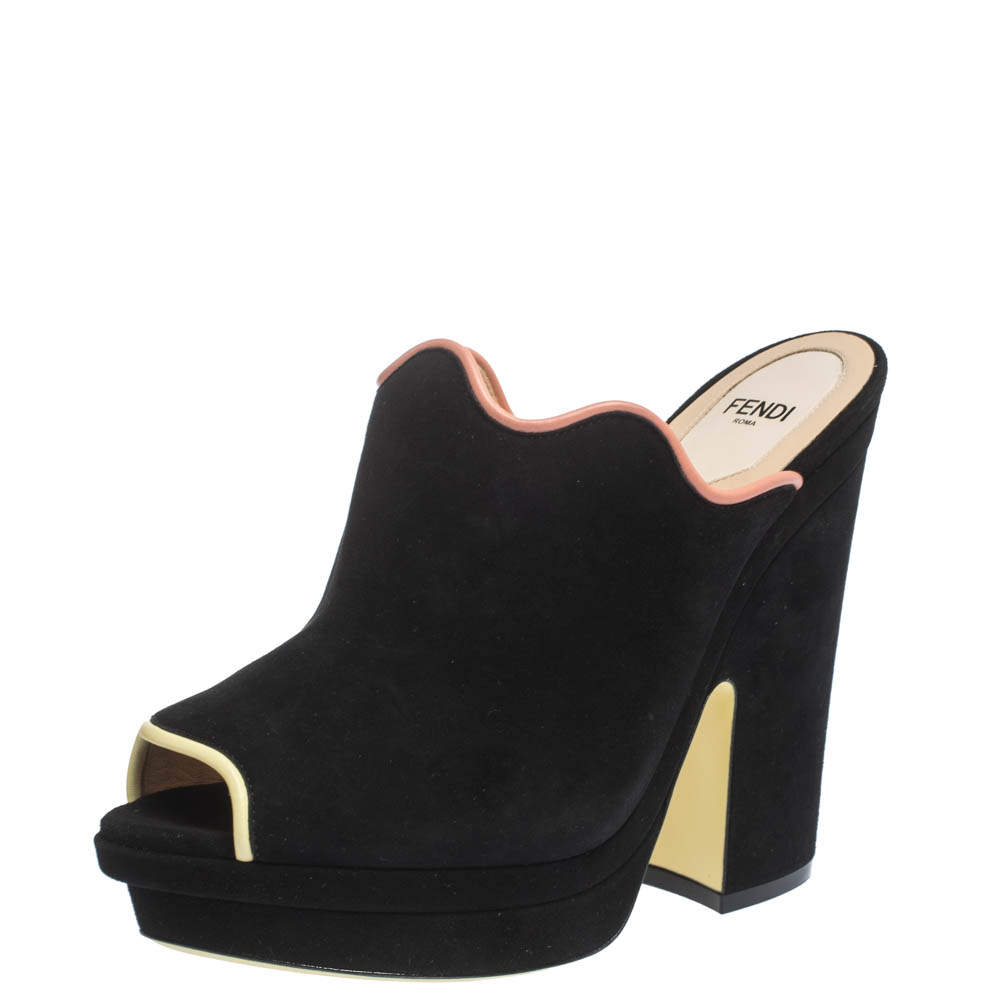 Pre Owned Fendi Black Suede Leather Wave Platform Mules Sandals Size 39