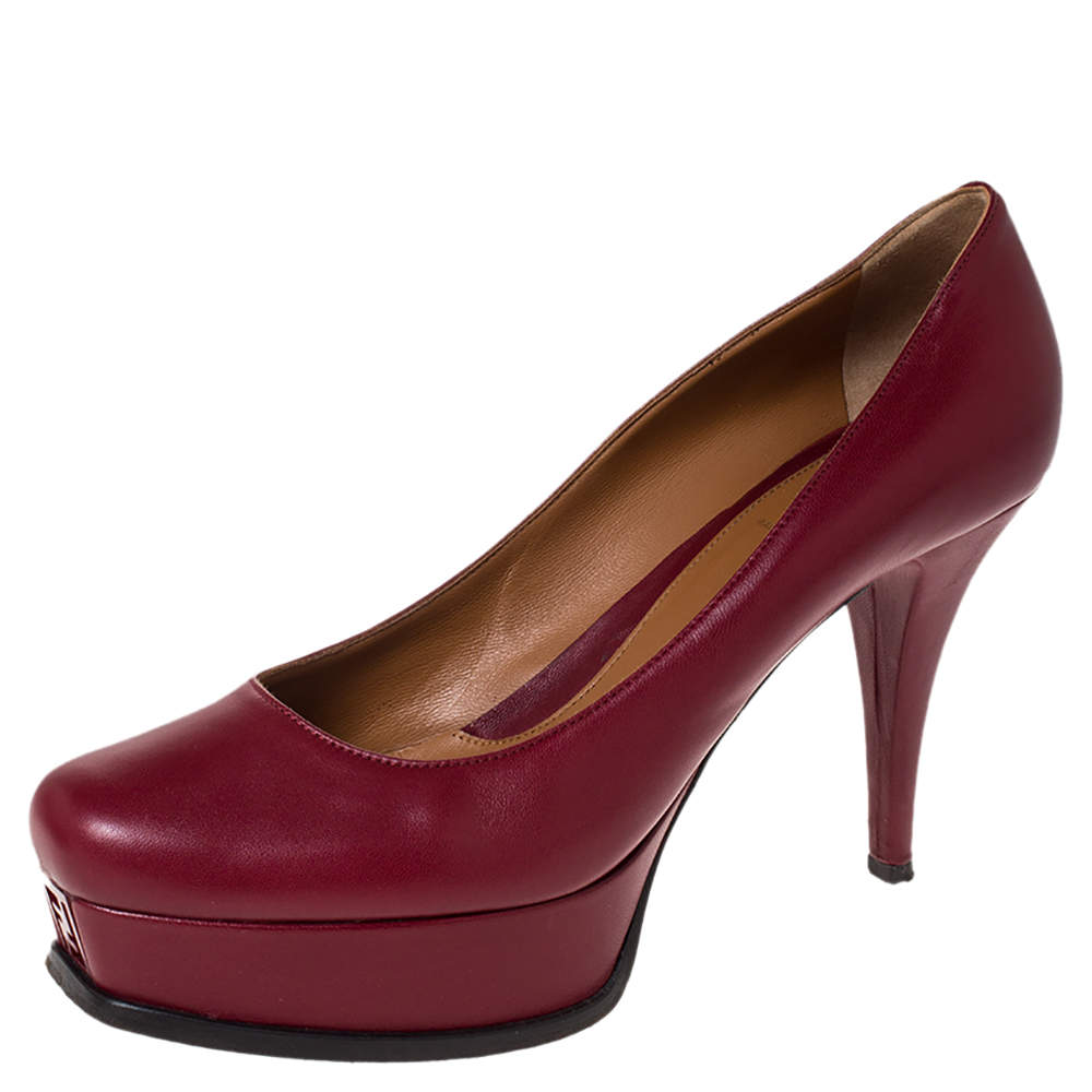 Pre Owned Fendi Burgundy Leather Logo Platform Pumps Size 41