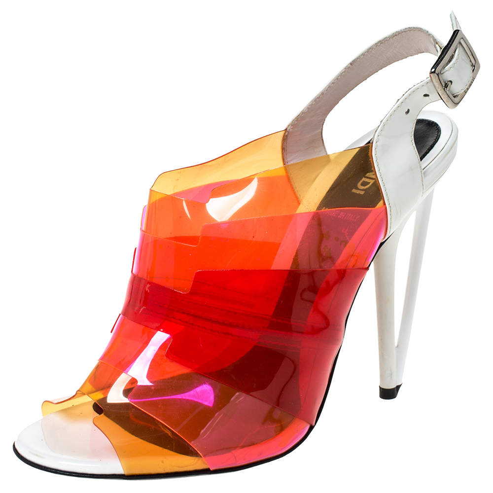 Pre Owned Fendi Multicolor PVC And White Patent Slingback Sandals Size 38
