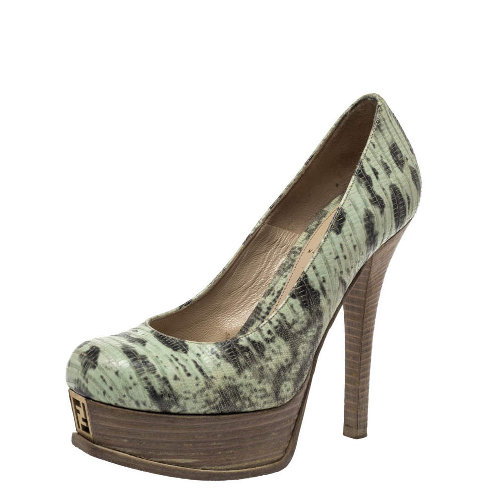 Pre Owned Fendi Multicolor Lizard Embossed Leather Fendista Platform Pumps Size 37