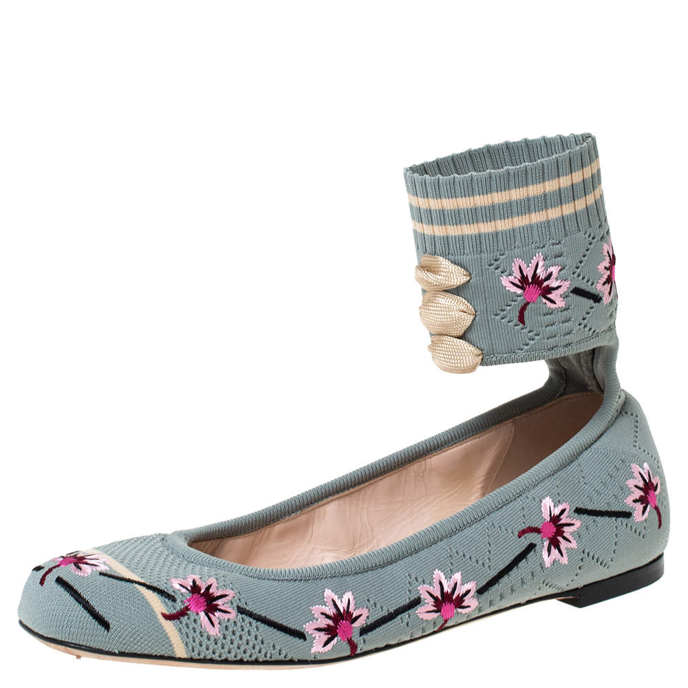 Pre Owned Fendi Blue Floral Embroidered Knit Fabric Rockoko Ankle Cuff Ballet Flat Size 37.5