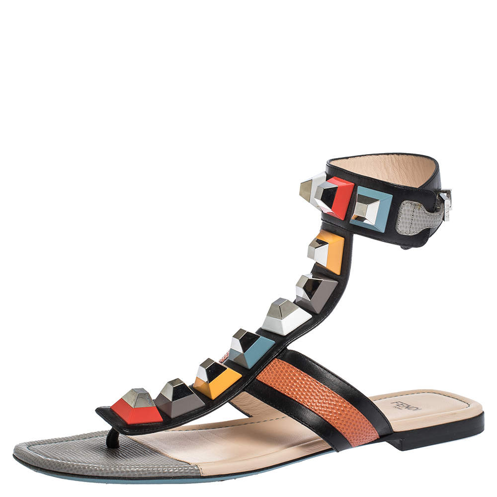 Pre Owned Fendi Multicolor Lizard Embossed Leather Studded Ankle Cuff Flat Sandals Size 38.5