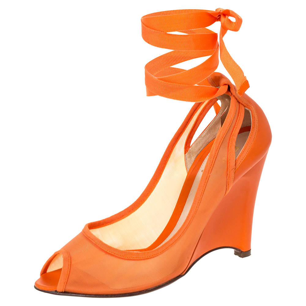 Pre Owned  Fendi Orange Mesh And Leather Peep Toe Cut Out Wedge Ankle Warp Pumps Size 39