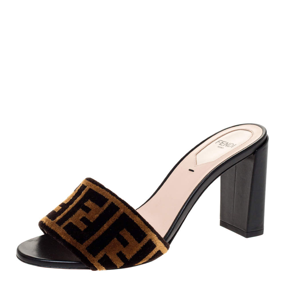 Pre Owned Fendi Brown Zucca Velvet Slip On Slides Size 36.5
