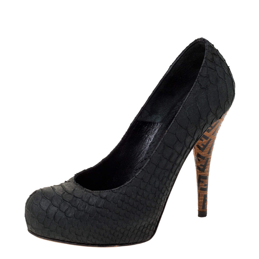 Pre Owned Fendi Dark Grey Python Superstar Platform Pumps Size 36