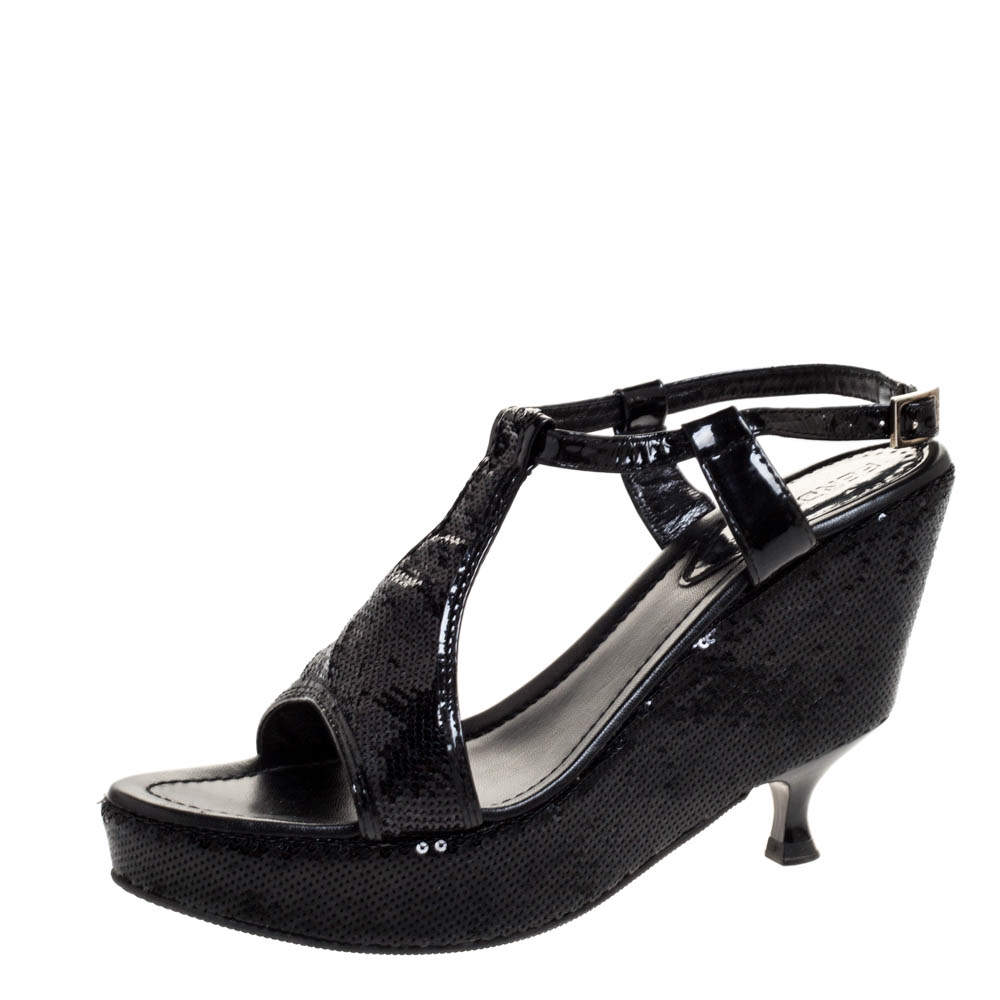 black sequin wedge sandals