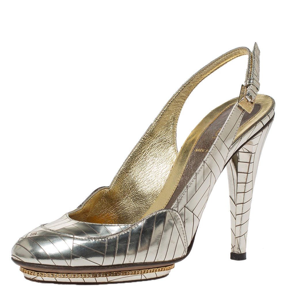 Pre Owned Fendi Gold Patch Patent Leather Slingback Pumps Size 37