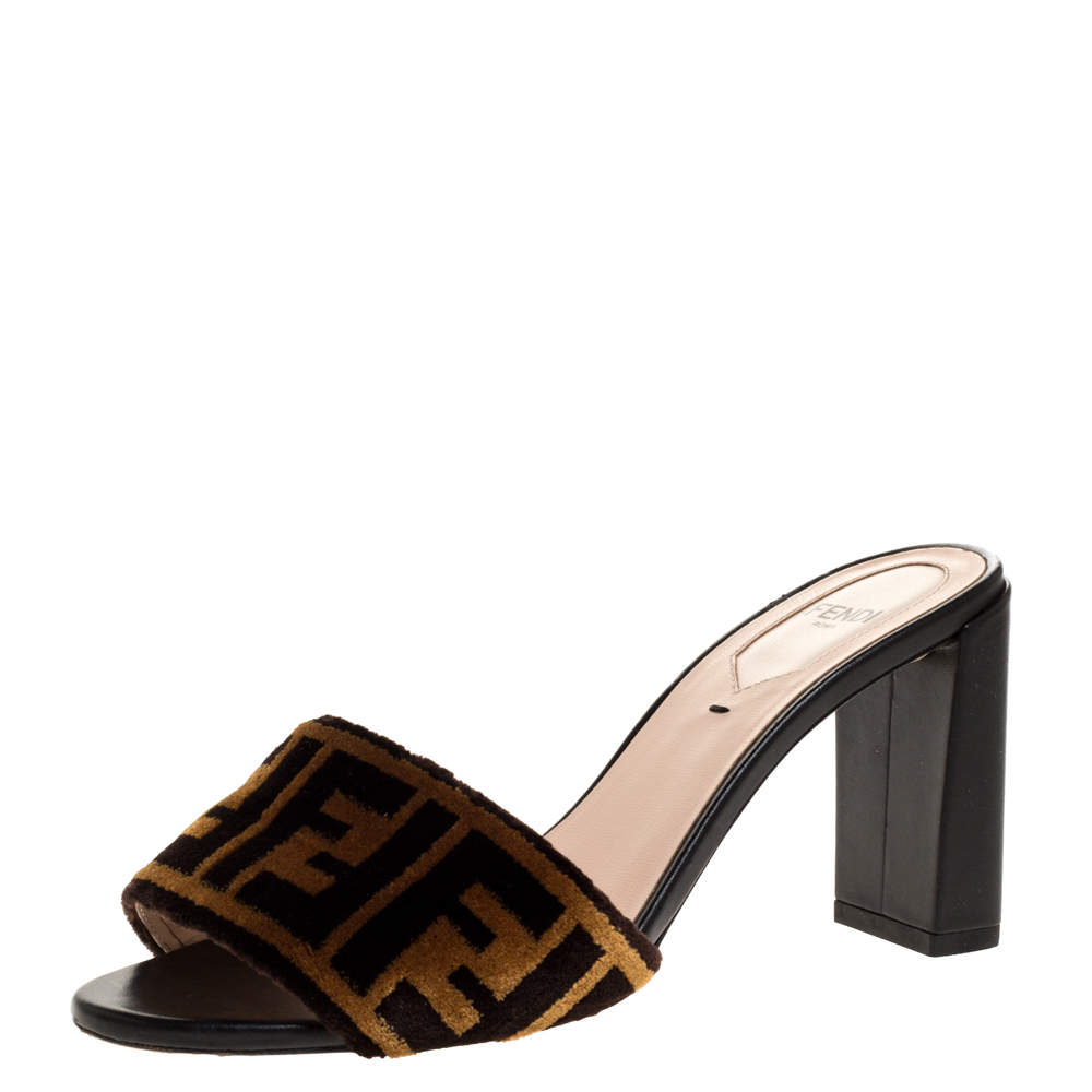 Fendi Brown Zucca Velvet Slide Sandals Size 35.5