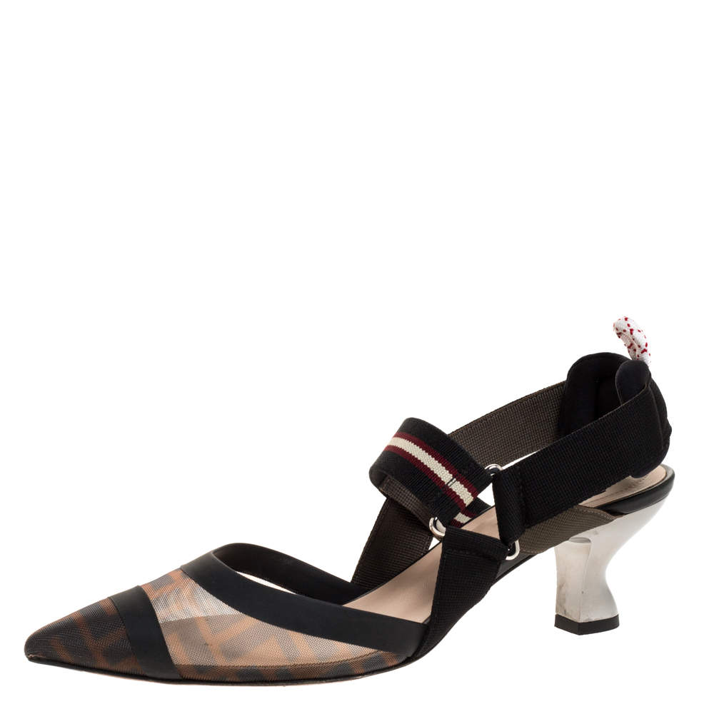 Pre Owned Fendi Black/Brown Zucca Mesh Colibri Slingback Pumps Size 38.5