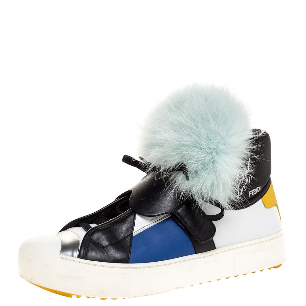 Fendi Multicolor Leather and Fur Karlito Sneakers Size 39