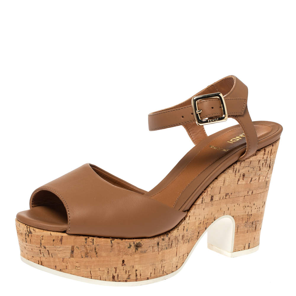 Fendi Brown Leather Cork Wedge Platform Ankle Strap Sandals Size 37.5