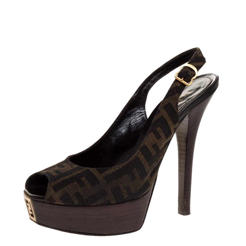 مملوكة مسبقًا Fendi Brown Zucca Canvas Platform Peep Toe Ankle Strap Sandals Size 39