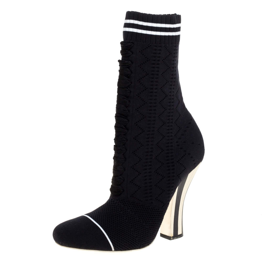 Pre Owned Fendi Black Knit Fabric Rockoko Runway Openwork Ankle Boots Size 38