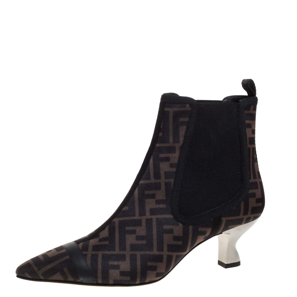 Pre Owned Fendi Brown/Black Zucca Mesh Colibri Pointed Toe Ankle Boots Size 41