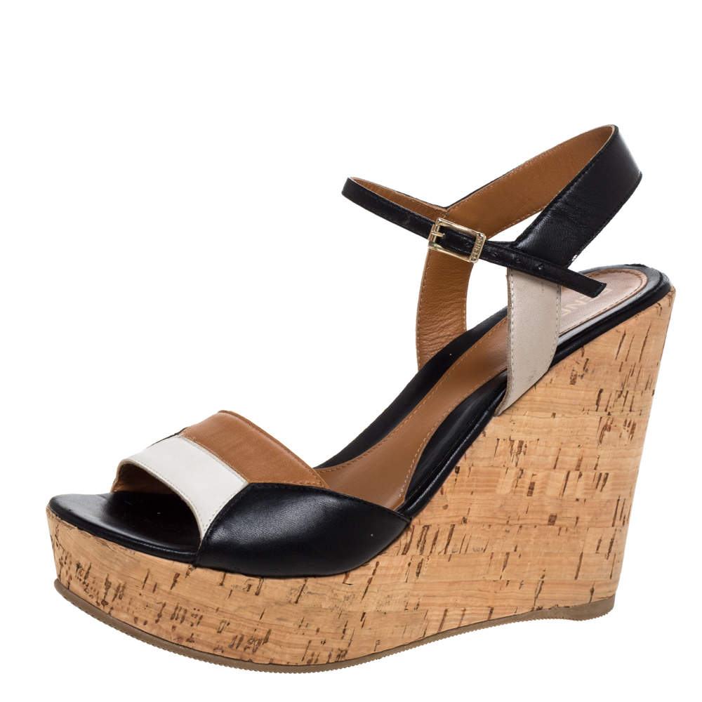 مملوكة مسبقًا Fendi Tricolor Leather Cork Wedge Platform Ankle Strap Sandals Size 38