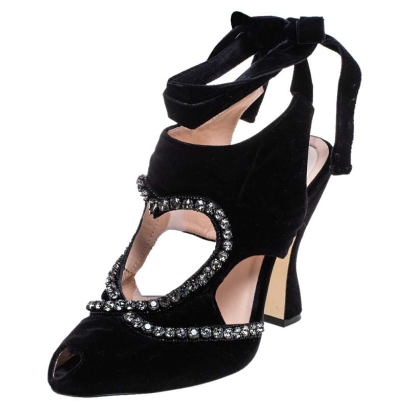Fendi Black Velvet Crystal Embellished Ankle Wrap Sandals Size 39