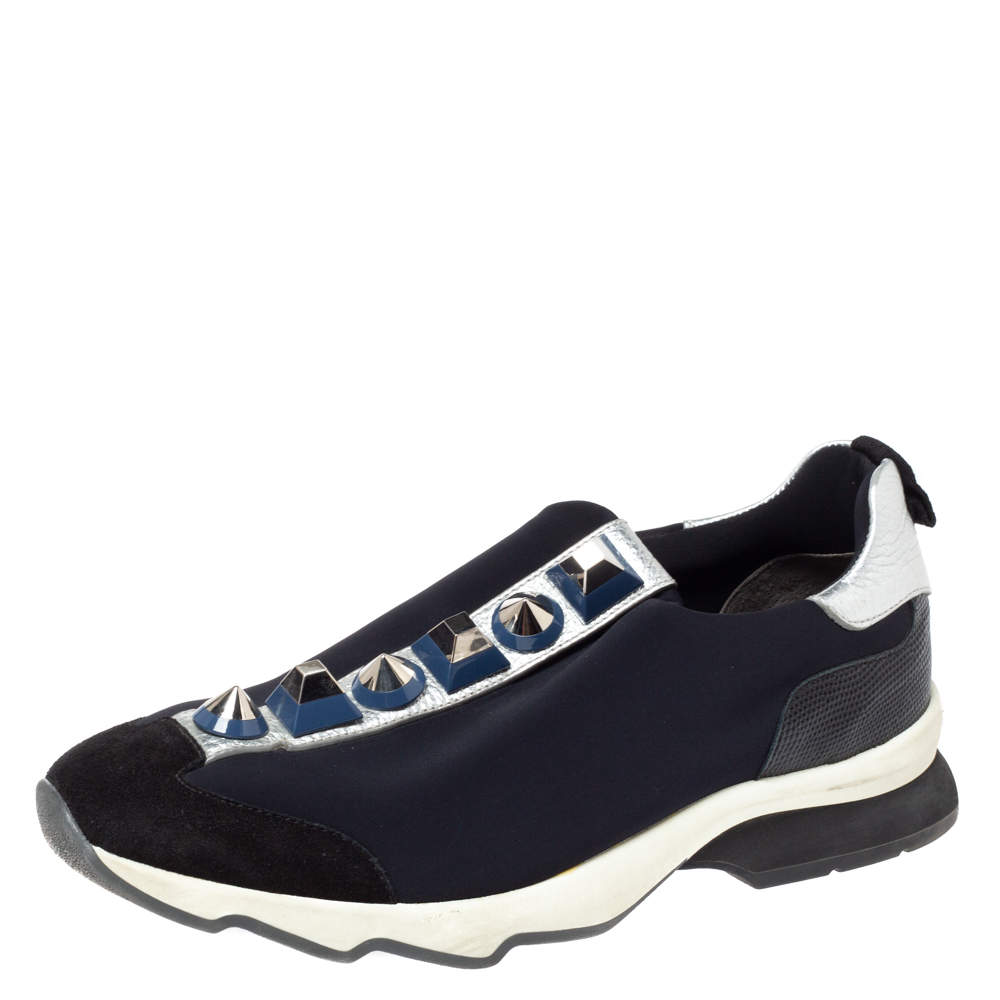 Pre Owned Fendi Black Neoprene Studded Slip On Sneakers Size 39