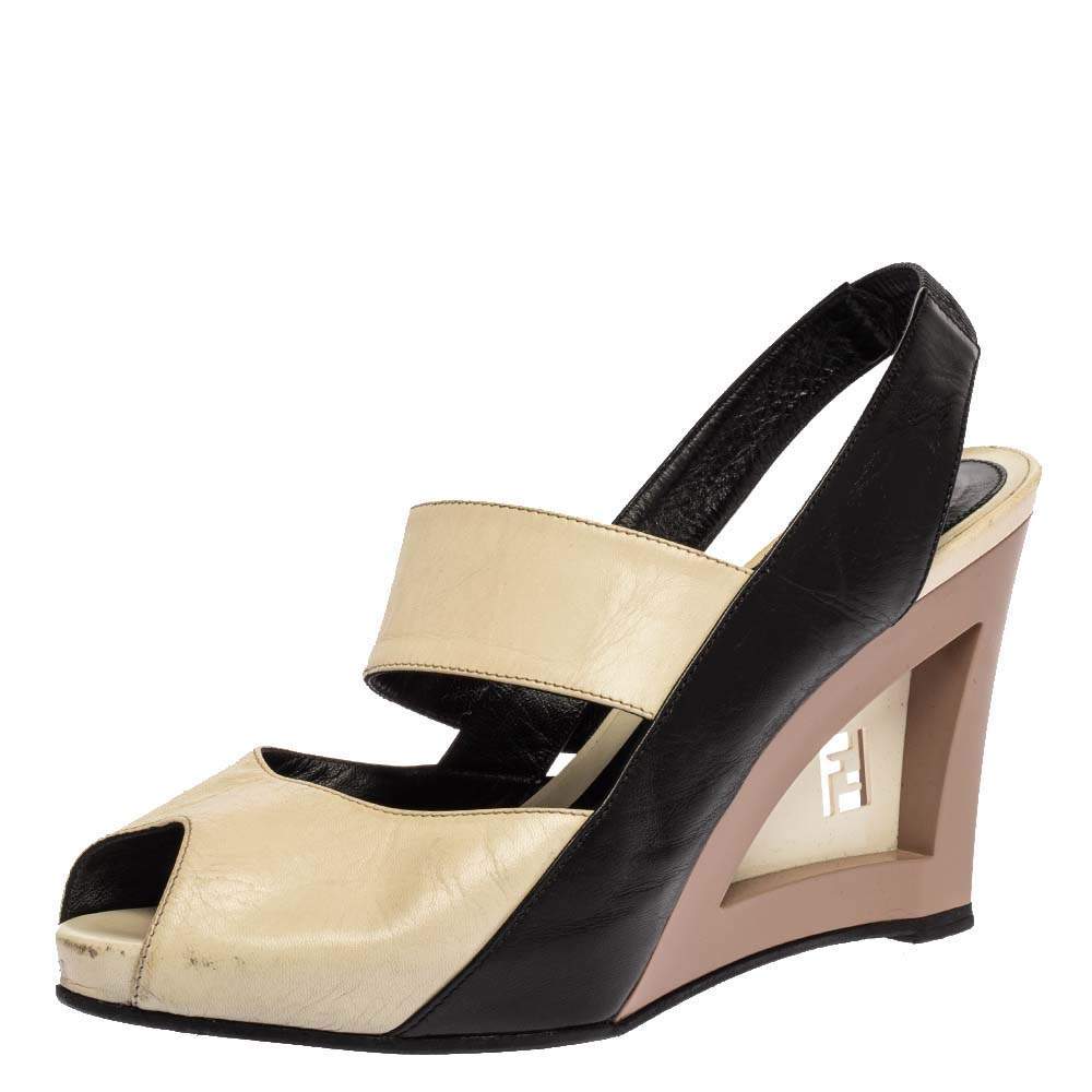 Fendi Tricolor Leather Cut-Out Logo Wedge Peep Toe Slingback Sandals Size 38.5