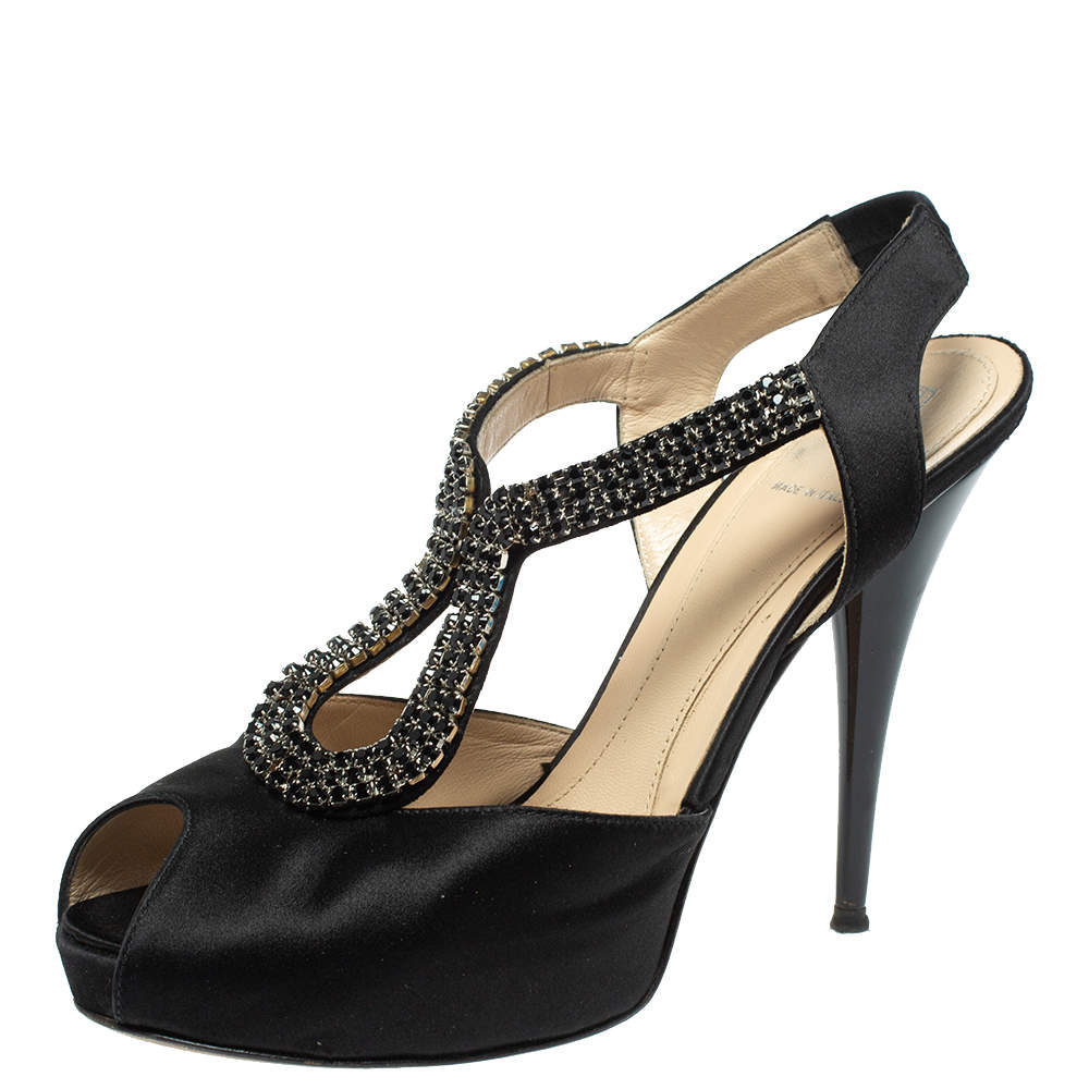 Pre Owned Fendi Black Satin Crystal Embellished Slingback Platform Sandals Size 39