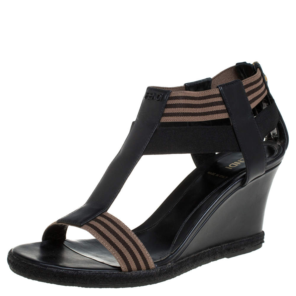 Pre Owned Fendi Black/Brown Leather And Elastic Fabric T-Strap Espadrille Wedge Sandals Size 38.5