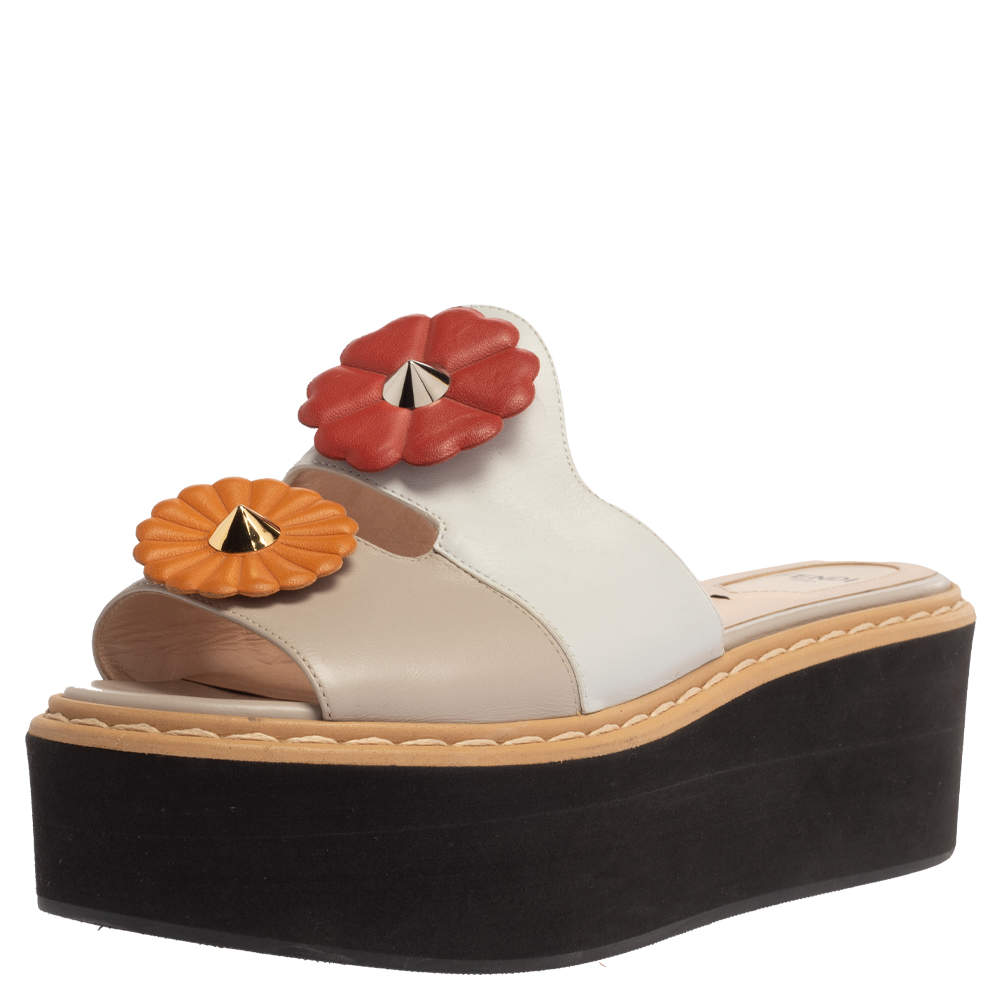 Fendi Tri Color Leather Flowerland Runway Platform Slide Sandals Size 37